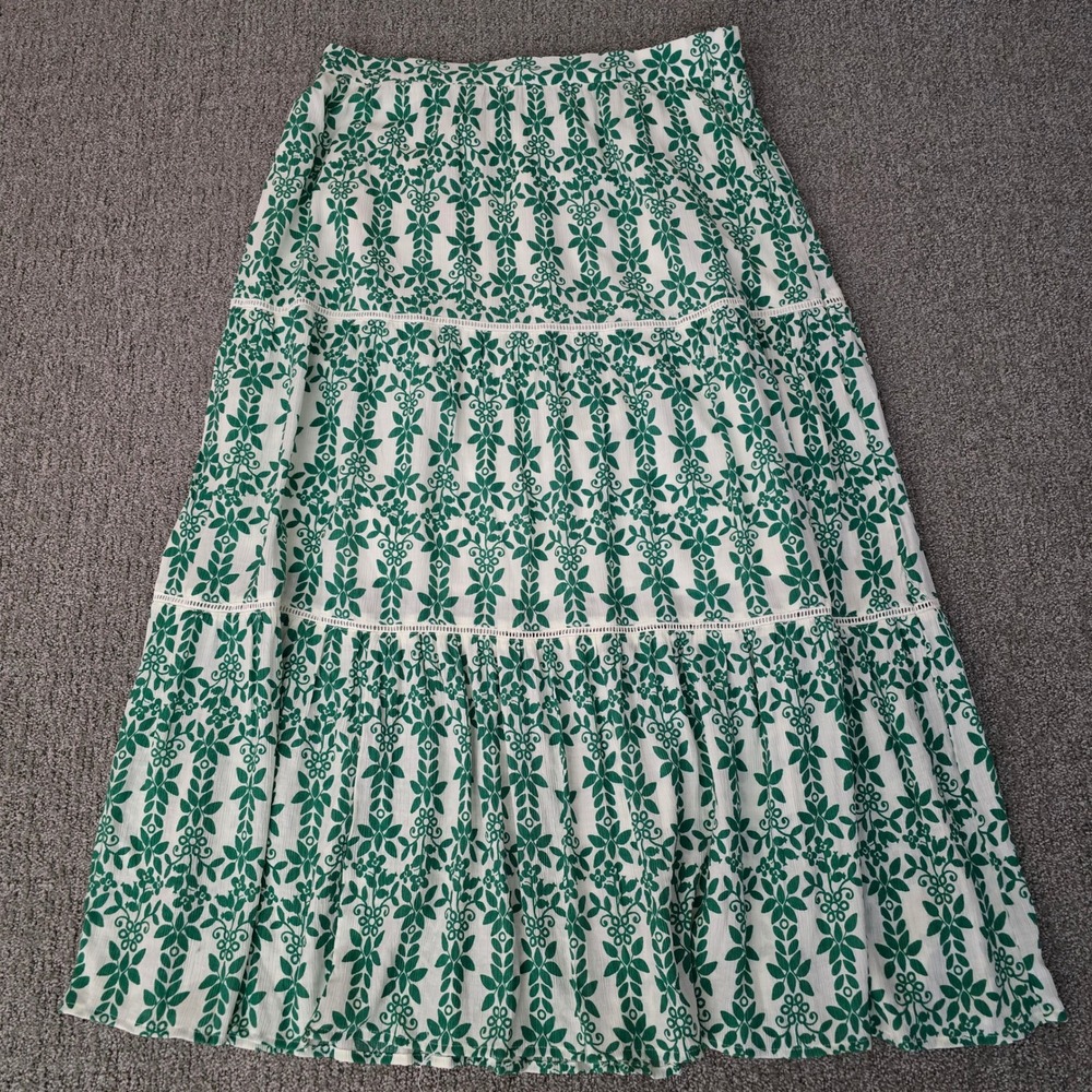 Skies Are Blue Tiered Maxi Skirt Womens XXL Green White Boho Cottagecore